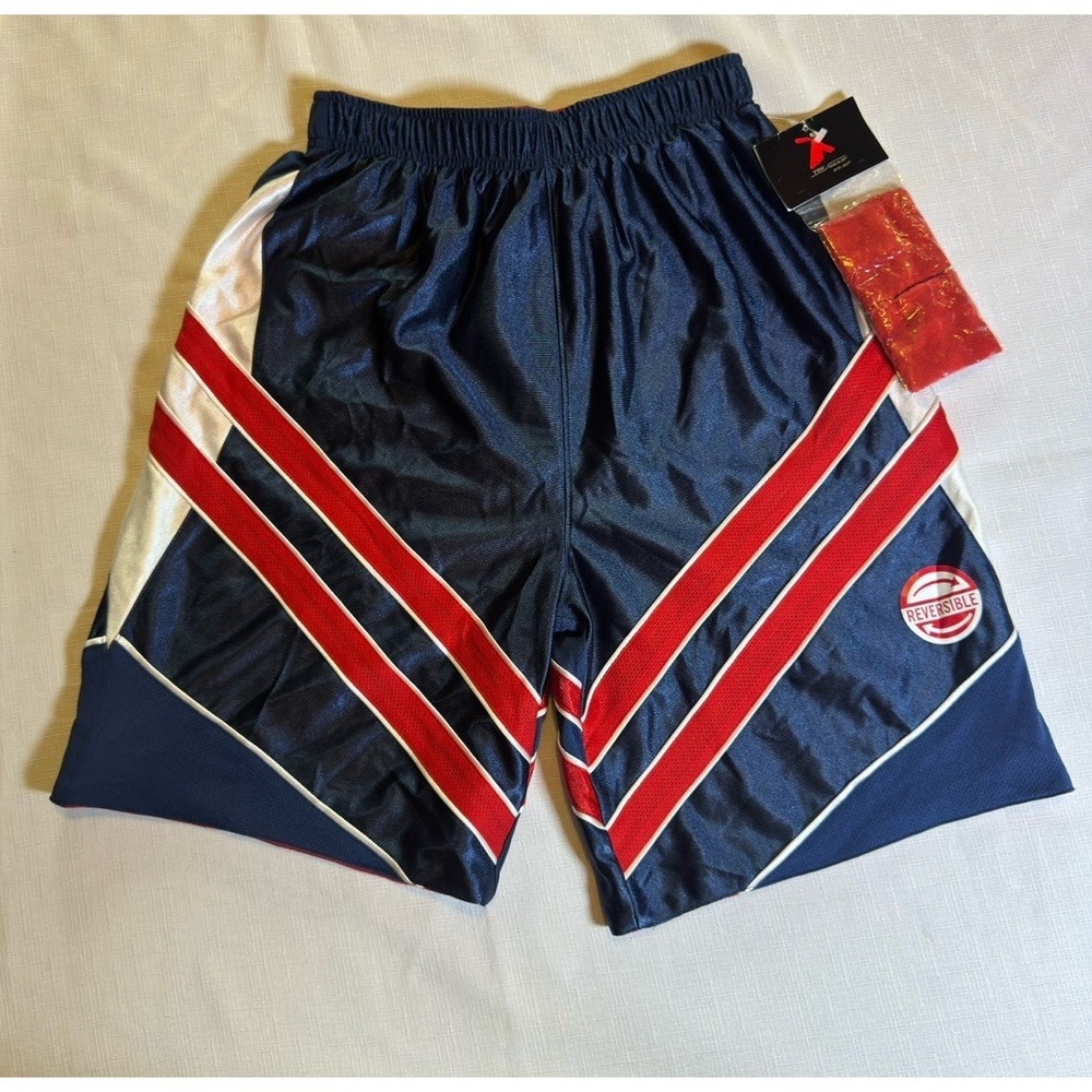 VTG Y2K Boys Reversible Basketball‎ Shorts Tek Gear Shiny Long Red White Blue LG